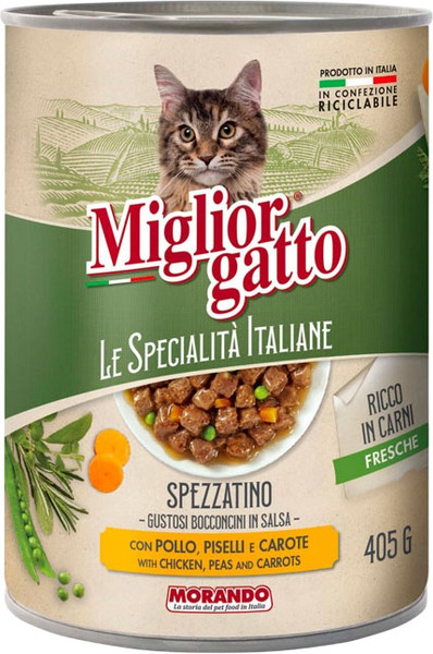Изображение товара Влажный корм для кошек Miglior Le Specialita Italiane кусочки в соусе курица, горох и морковь (405г)