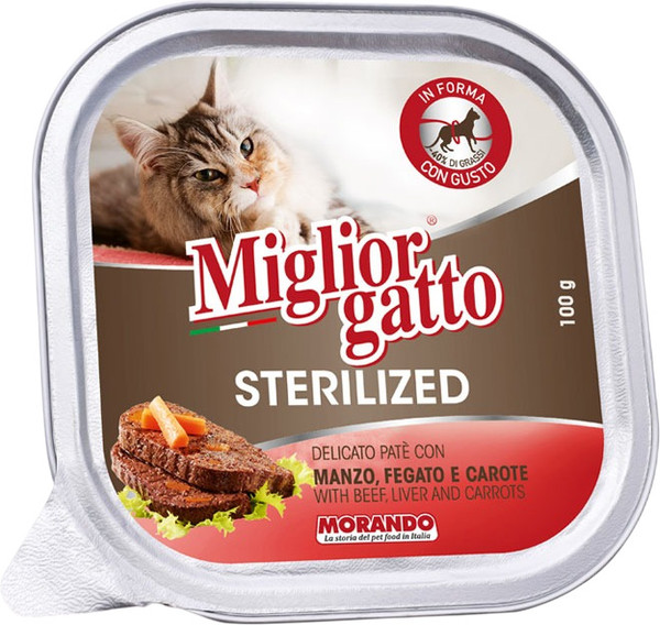 Изображение товара Влажный корм для кошек Miglior Gatto Sterilized Паштет Говядина, печень, морковь (100г)
