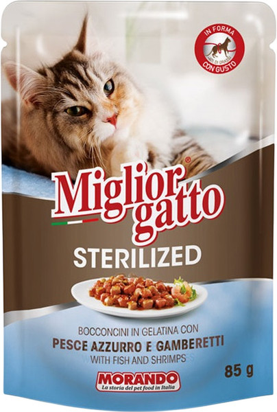 Изображение товара Влажный корм для кошек Miglior Sterilized Кусочки в желе рыба и креветки (85г)