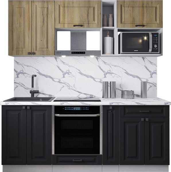 Изображение товара Кухонный гарнитур Интерлиния Мила Деко 2.0 (черный/дуб вотан/белый гранит)