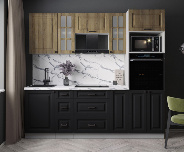 Изображение товара Кухонный гарнитур Интерлиния Мила Деко 2.3 (черный/дуб вотан/белый гранит)