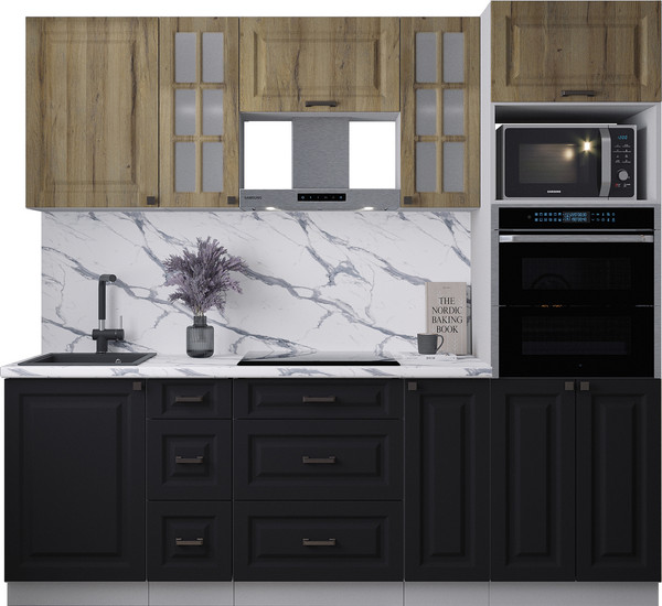 Изображение товара Кухонный гарнитур Интерлиния Мила Деко 2.3 (черный/дуб вотан/белый гранит)