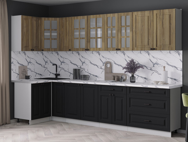 Изображение товара Кухонный гарнитур Интерлиния Мила Деко 1.2x3.1 (черный/дуб вотан/белый гранит)