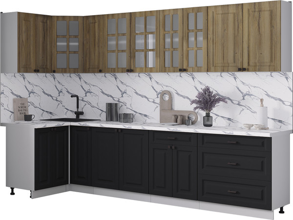 Изображение товара Кухонный гарнитур Интерлиния Мила Деко 1.2x3.1 (черный/дуб вотан/белый гранит)