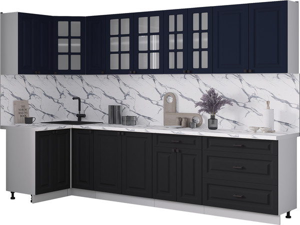 Изображение товара Кухонный гарнитур Интерлиния Мила Деко 1.2x3.1 (черный/индиго/белый гранит)