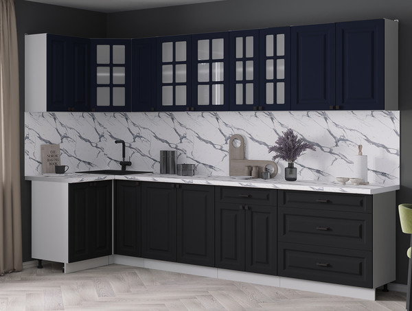 Изображение товара Кухонный гарнитур Интерлиния Мила Деко 1.2x3.1 (черный/индиго/белый гранит)