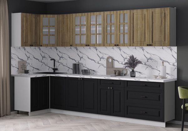 Изображение товара Кухонный гарнитур Интерлиния Мила Деко 1.2x3.2 (черный/дуб вотан/белый гранит)