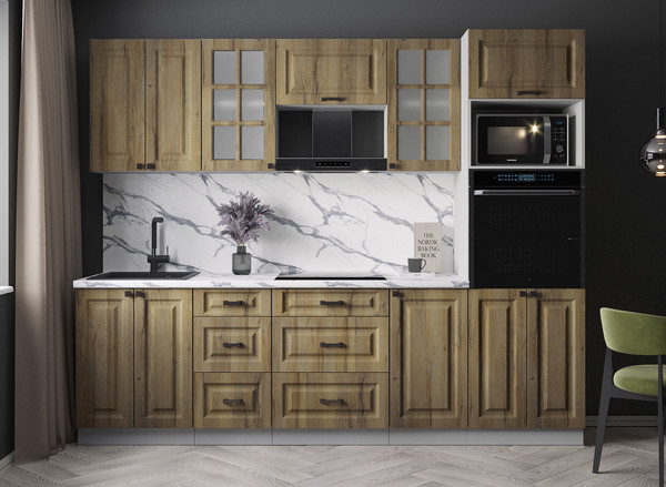 Изображение товара Кухонный гарнитур Интерлиния Мила Деко 2.6 (дуб вотан/дуб вотан/белый гранит)