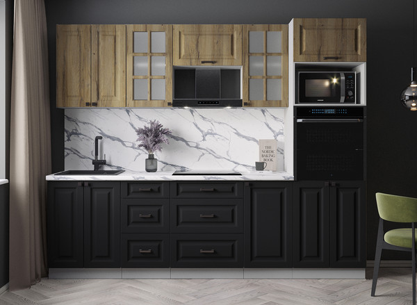 Изображение товара Кухонный гарнитур Интерлиния Мила Деко 2.6 (черный/дуб вотан/белый гранит)