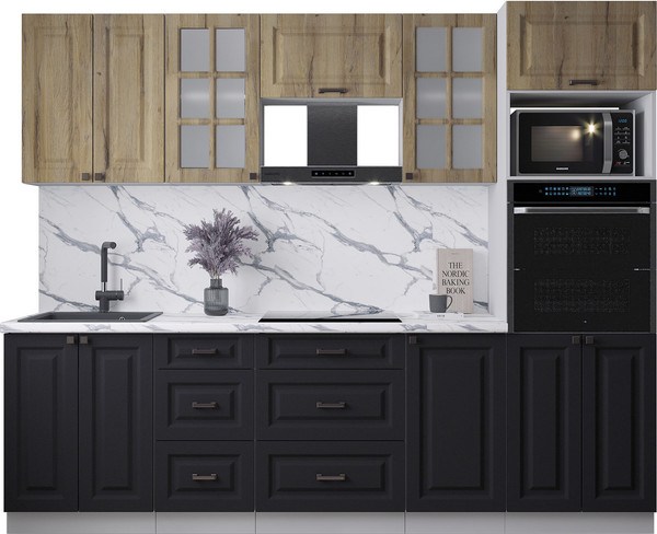 Изображение товара Кухонный гарнитур Интерлиния Мила Деко 2.6 (черный/дуб вотан/белый гранит)