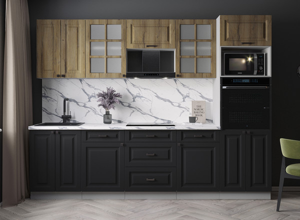 Изображение товара Кухонный гарнитур Интерлиния Мила Деко 2.8 (черный/дуб вотан/белый гранит)