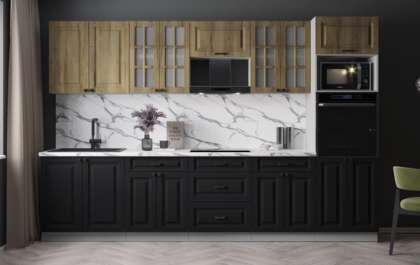 Изображение товара Кухонный гарнитур Интерлиния Мила Деко 3.2 (черный/дуб вотан/белый гранит)