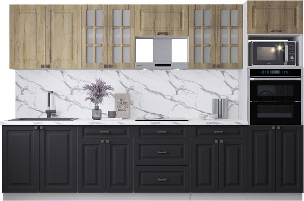 Изображение товара Кухонный гарнитур Интерлиния Мила Деко 3.2 (черный/дуб вотан/белый гранит)