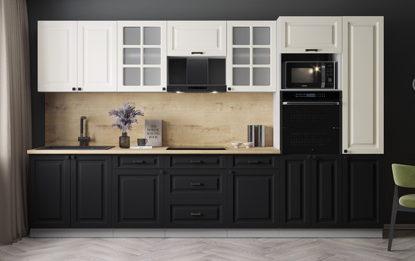 Изображение товара Кухонный гарнитур Интерлиния Мила Деко 3.4 (черный/белый/дуб бунратти)