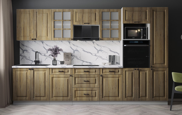 Изображение товара Кухонный гарнитур Интерлиния Мила Деко 3.4 (дуб вотан/дуб вотан/белый гранит)