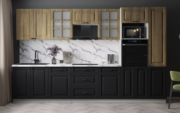 Изображение товара Кухонный гарнитур Интерлиния Мила Деко 3.4 (черный/дуб вотан/белый гранит)