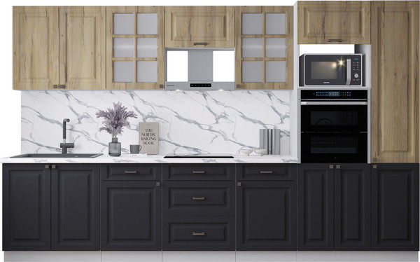 Изображение товара Кухонный гарнитур Интерлиния Мила Деко 3.4 (черный/дуб вотан/белый гранит)