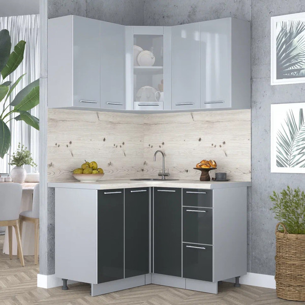 Изображение товара Кухонный гарнитур Интерлиния Мила Пластик 1.2x1.2 (туманный глянец/антрацит глянец/бискайская сосна)