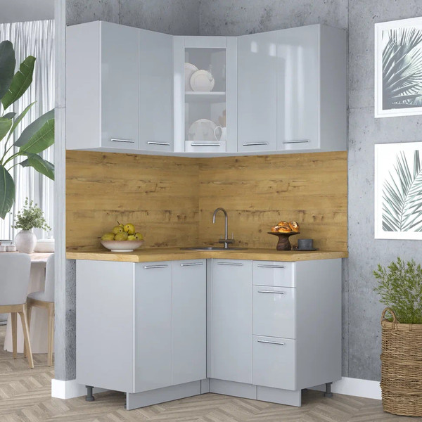 Изображение товара Кухонный гарнитур Интерлиния Мила Пластик 1.2x1.2 (туманный глянец/туманный глянец/дуб бунратти)