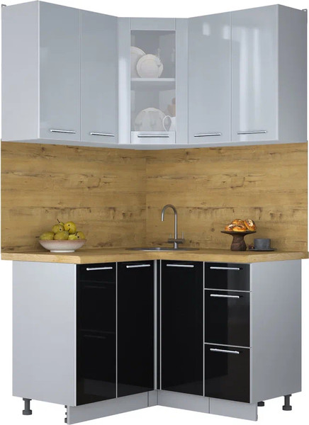 Изображение товара Кухонный гарнитур Интерлиния Мила Пластик 1.2x1.2 (туманный глянец/черный глянец/дуб бунратти)