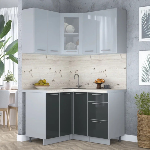 Изображение товара Кухонный гарнитур Интерлиния Мила Пластик 1.2x1.3 (туманный глянец/антрацит/бискайская сосна)