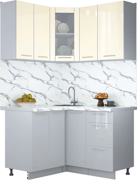 Изображение товара Кухонный гарнитур Интерлиния Мила Пластик 1.2x1.3 (ваниль/туманный глянец/белый гранит)