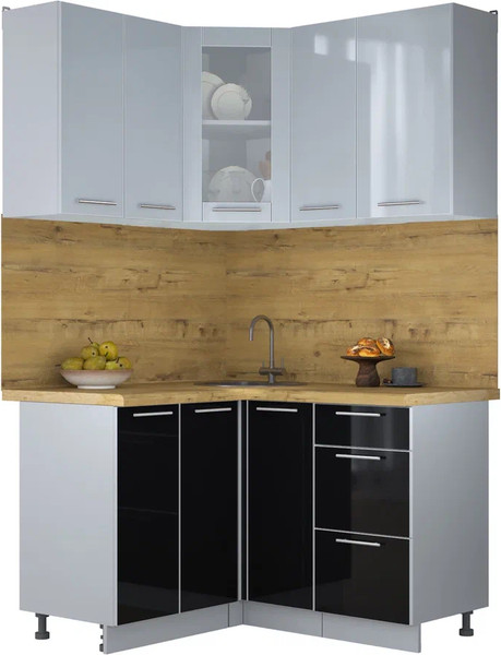 Изображение товара Кухонный гарнитур Интерлиния Мила Пластик 1.2x1.3 (туманный глянец/черный глянец/дуб бунратти)