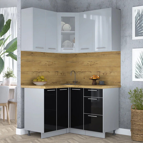 Изображение товара Кухонный гарнитур Интерлиния Мила Пластик 1.2x1.3 (туманный глянец/черный глянец/дуб бунратти)