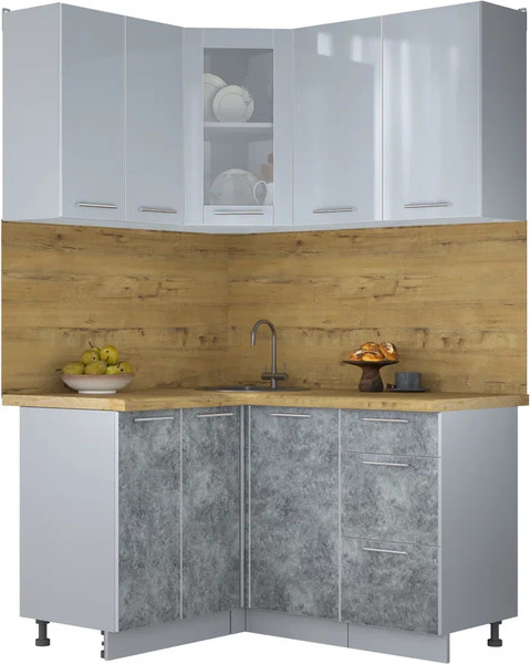 Изображение товара Кухонный гарнитур Интерлиния Мила Пластик 1.2x1.4 (туманный глянец/мрамор/дуб бунратти)