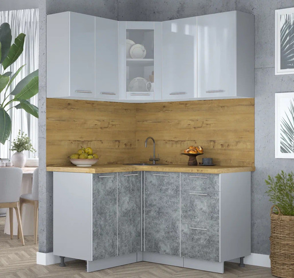 Изображение товара Кухонный гарнитур Интерлиния Мила Пластик 1.2x1.4 (туманный глянец/мрамор/дуб бунратти)