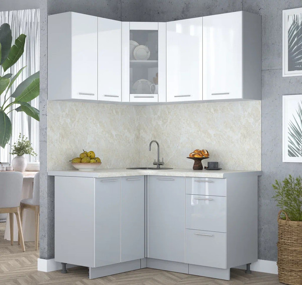 Изображение товара Кухонный гарнитур Интерлиния Мила Пластик 1.2x1.4 (белый глянец/туманный глянец/опал светлый)