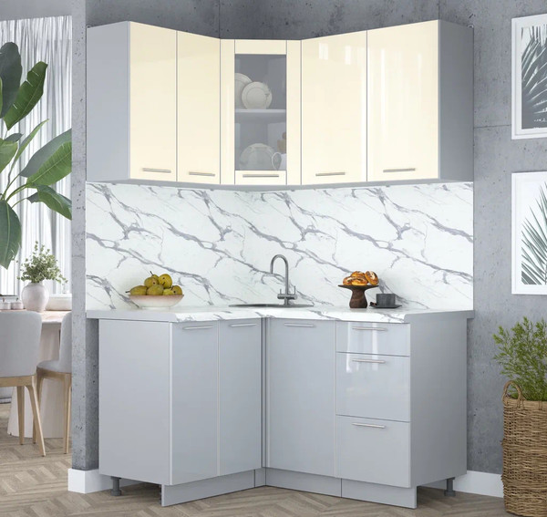 Изображение товара Кухонный гарнитур Интерлиния Мила Пластик 1.2x1.4 (ваниль/туманный глянец/белый гранит)