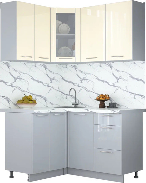 Изображение товара Кухонный гарнитур Интерлиния Мила Пластик 1.2x1.4 (ваниль/туманный глянец/белый гранит)