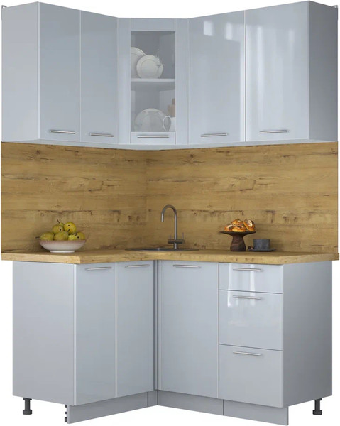 Изображение товара Кухонный гарнитур Интерлиния Мила Пластик 1.2x1.4 (туманный глянец/туманный глянец/дуб бунратти)