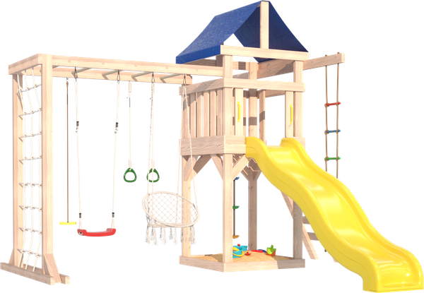 Изображение товара Игровой комплекс National Tree Company Fun Land с мод. сетка-рукоход, подв. креслом и качелями / ДКПМ-9 (не окрашен)