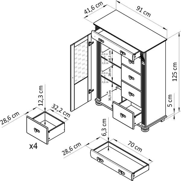 Изображение товара Тумба Dipriz Susanna 1дв + 5ящ Н1250х910х416 / Д.20069.1 (сосна/pantone 5497)