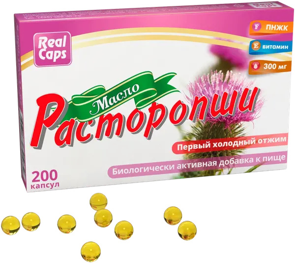 Изображение товара Пищевая добавка RealCaps Масло расторопши первый холодный отжим 300мг (200 капсул)