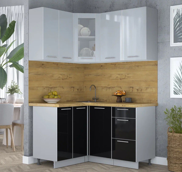 Изображение товара Кухонный гарнитур Интерлиния Мила Пластик 1.2x1.4 (туманный глянец/черный глянец/дуб бунратти)