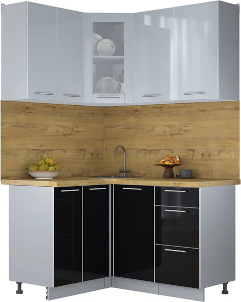 Изображение товара Кухонный гарнитур Интерлиния Мила Пластик 1.2x1.4 (туманный глянец/черный глянец/дуб бунратти)