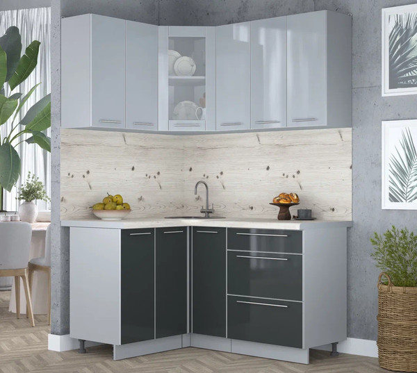 Изображение товара Кухонный гарнитур Интерлиния Мила Пластик 1.2x1.5 (туманный глянец/антрацит/бискайская сосна)