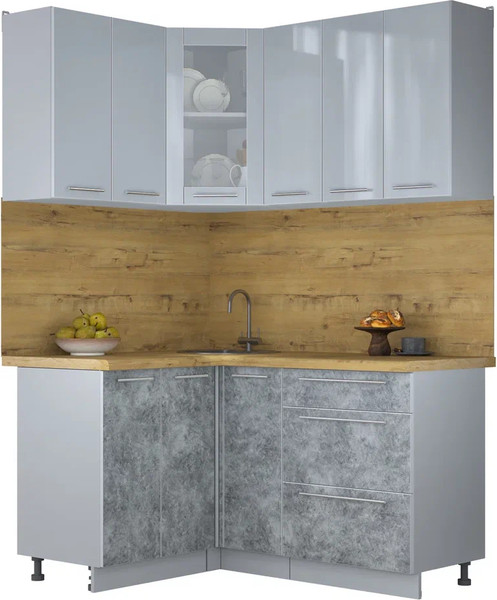 Изображение товара Кухонный гарнитур Интерлиния Мила Пластик 1.2x1.5 (туманный глянец/мрамор/дуб бунратти)