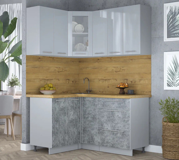 Изображение товара Кухонный гарнитур Интерлиния Мила Пластик 1.2x1.5 (туманный глянец/мрамор/дуб бунратти)