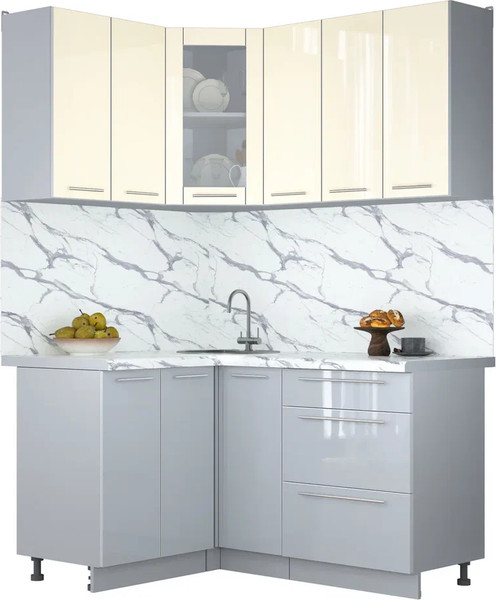 Изображение товара Кухонный гарнитур Интерлиния Мила Пластик 1.2x1.5 (ваниль/туманный глянец/белый гранит)