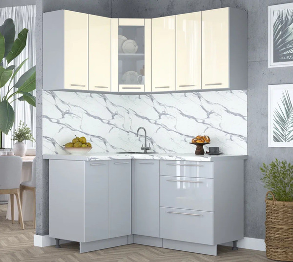 Изображение товара Кухонный гарнитур Интерлиния Мила Пластик 1.2x1.5 (ваниль/туманный глянец/белый гранит)