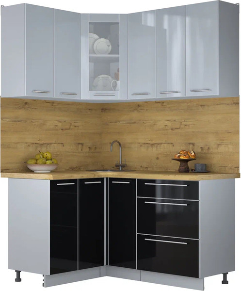 Изображение товара Кухонный гарнитур Интерлиния Мила Пластик 1.2x1.5 (туманный глянец/черный глянец/дуб бунратти)