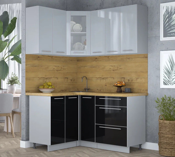 Изображение товара Кухонный гарнитур Интерлиния Мила Пластик 1.2x1.5 (туманный глянец/черный глянец/дуб бунратти)