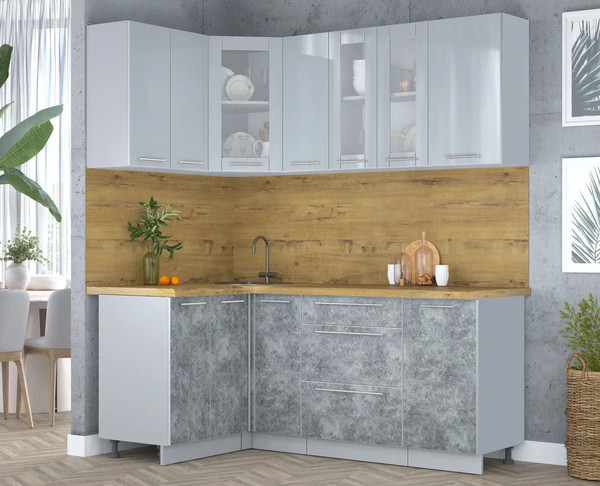 Изображение товара Кухонный гарнитур Интерлиния Мила Пластик 1.2x1.9 (туманный глянец/мрамор/дуб бунратти)