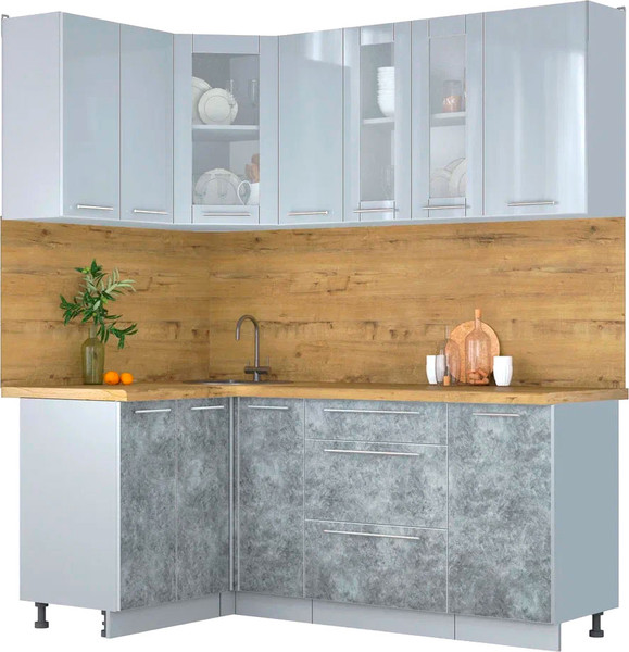 Изображение товара Кухонный гарнитур Интерлиния Мила Пластик 1.2x1.9 (туманный глянец/мрамор/дуб бунратти)