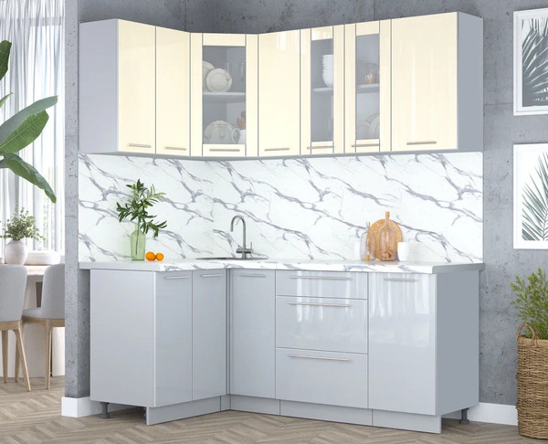 Изображение товара Кухонный гарнитур Интерлиния Мила Пластик 1.2x1.9 (ваниль/туманный глянец/белый гранит)