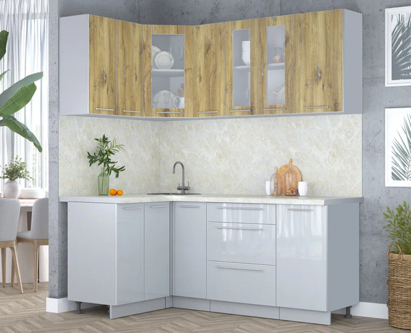 Изображение товара Кухонный гарнитур Интерлиния Мила Пластик 1.2x1.9 (дуб эпоксид/туманный глянец/опал светлый)